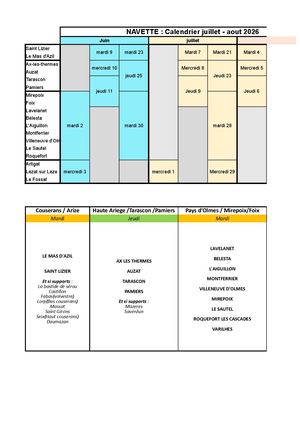 Calendrier Navette Juin Juillet Aout 2026