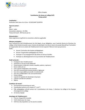 Offre D'emploi Coordinateur Pédagogique En Collège 12 06 2026