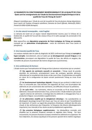 FICHE 4 - FONCTIONNEMENT BIOGEOCHIMIQUE ET DE LA QUALITE DE L'EAU