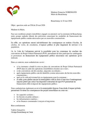 Question orale : Financement des équipements publics et recours au PUP à Beauchamp (Mai 2026)
