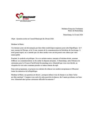 Question écrite : Devoir de mémoire et engagement européen à Beauchamp (Mai 2026)