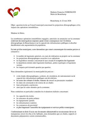 Question écrite : Projections démographiques et impacts immobiliers à Beauchamp (Mai 2026)