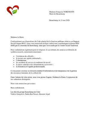 Demande de communication : Rapport Social Unique (RSU) de la commune de Beauchamp (Mai 2026)