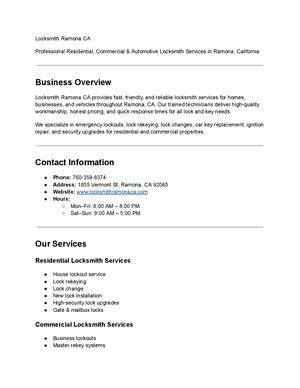 Locksmith Ramona Ca Business Profile