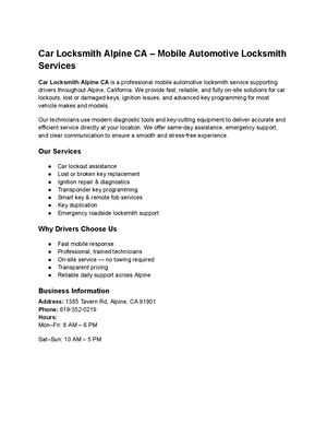 Car Locksmith Alpine Ca