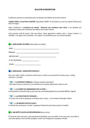 Bulletin inscription conférence artisanat du mental