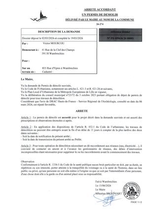 Arrêté 26 274 835 Rue D'ypres