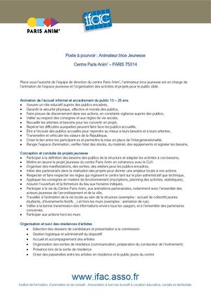 Animateur Trice Jeunesse- CDI - Paris 14