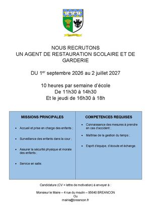 2026 Offre Emploi Agent Cantine Breancon