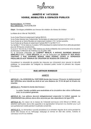 Arrete 1473-2026-Sondages Prealable Travaux Reseau De chaleur-Rue A Rimbaud Du 22-06 Au 10-07-2026-Publié 15 06 2026