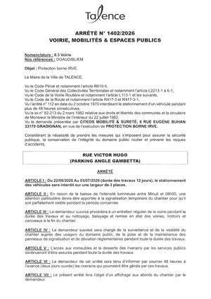Arrete 1402-2026-Protection Borne Irve Rue V HuGo Du 22-06 Au 03-07-2026-Publié 15 06 2026