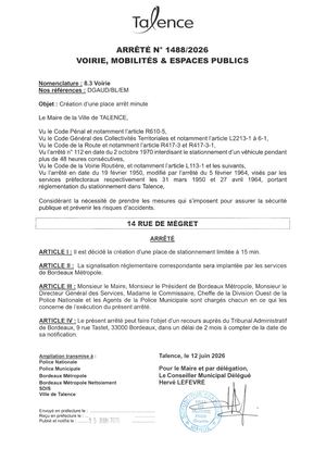 Arrete 1488-2026-CreatiOn Place Arret Minute-14 Rue De Megret-Publié 15 06 2026