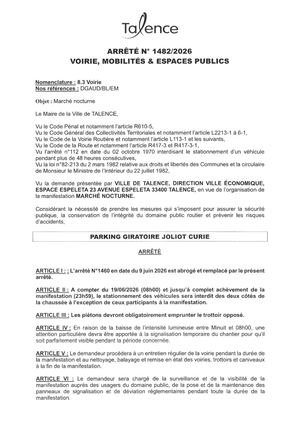 Arrete 1482-2026-Marche Nocturne Parking Giratoire Joliot Curie Le 19-06-2026-Publié 15 06 2026