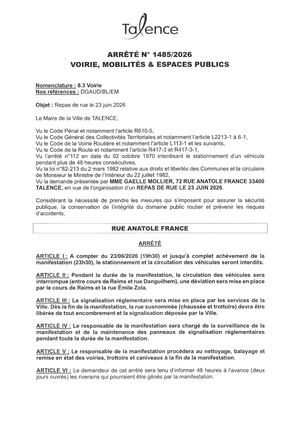 Arrete 1485-2026-Repas De Rue-Rue Anatole France Le 23-06-2026-Publié 15 06 2026