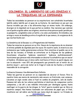 Colombia Laberinto De Las Cenizas Y La Terquedad De La Esperanza