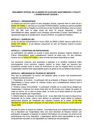 Règlement Officiel Soirée Vip Vitality Espace E Leclerc Saint Médard
