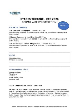 Formulaire Inscription Stages Théâtre Eté 2026
