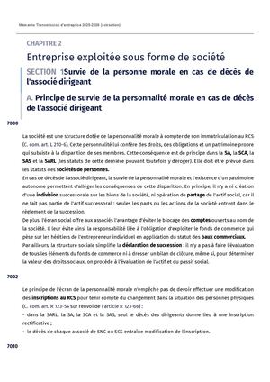 UNGP Décès De L'associé_Mto Transmission D Entreprise 2025 2026 CHAPITRE 2 Entreprise Exploitee Sous Forme De Societe
