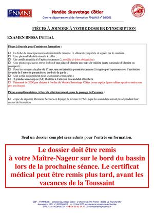 Dossier D'inscription BNSSA VENDEE SAUVETAGE CÔTIER