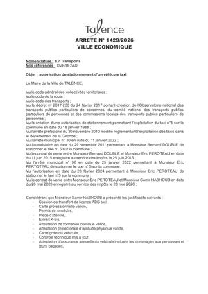 Arrete 1429-2026-Autorisation Stationnement Vehicule Taxi-Publié Le 16 06 2026