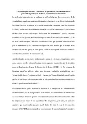Falta De Regulación Clara Y Necesidad De Guías éTicas Con Ia Enfocado En Privacidad, Protección De Datos, Consentimiento Informado