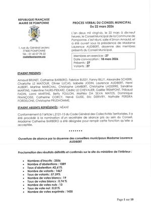 Procès verbal conseil municipal de Pomponne du 22 mars 2026