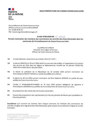 Arrêté N°58-2026-06- .A.2 • lX'-."l.tO Portant nomination des membres des commissions de contrôle des listes électorales dans les communes de l'arrondissement de Cosne-Cours-sur-Loire