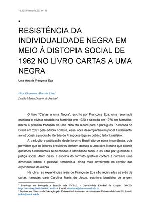 Resenha Resistência Da Individualidade Negra Em Meio à Distopia Social De 1962 No Livro Cartas A Uma Negra Vitor Geovanne Alves De Lima
