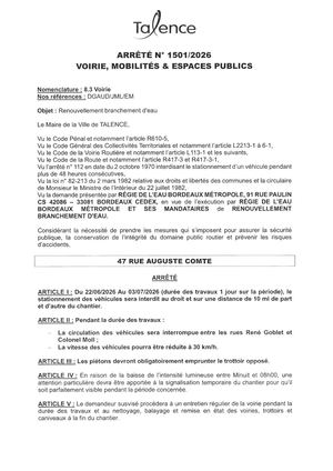 Arrete 1501-2026-Renouvellement Branchement Eau 47 Rue Auguste Comte Du 22-06 Au 03-07-2026-Publié Le 17 06 2026