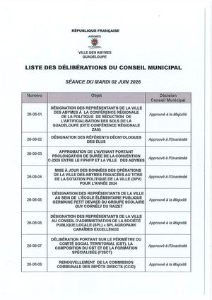 LISTE DES DELIBERATIONS CM DU MARDI 02 JUIN 2026