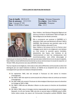 Sœur Hélène Bignaud (circulaire)