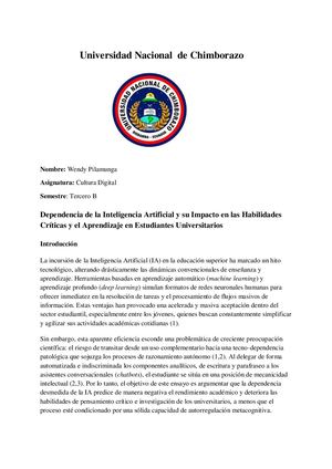 Dependencia de la Inteligencia Artificial y su Impacto en las Habilidades  Críticas y el Aprendizaje en Estudiantes Universitarios