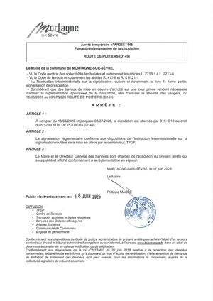 Ar26st145 Ar Portant Réglementation De La Circulation Rte De Poitiers 18 06 2026 Au 03 07 2026