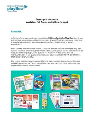 Fiche Stagiaire Éditions Spéciales Play Bac 2026