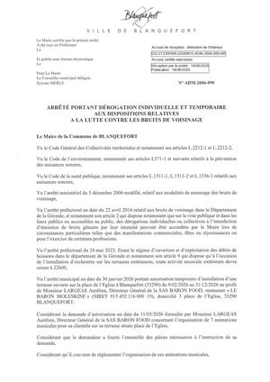 Adm 2606 090 Arr Dérogation Individuelle Et Temporaires Aux Dispositions Du Bruit Baron Moleskine Pref