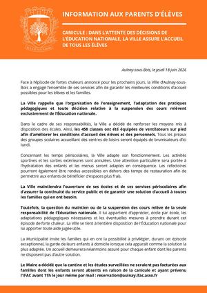Information au parents d'élèves : CANICULE : dans l'attente des décisions de l'Éducation Nationale, la ville assure l'accueil de tous les élèves