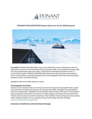 Ponant Explorations Announces Arctic 2028 Sales