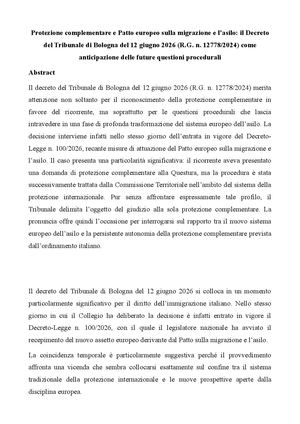 Protezione complementare e Patto europeo sulla migrazione e l’asilo: il Decreto del Tribunale di Bologna del 12 giugno 2026 (R.G. n. 12778/2024) come anticipazione delle future questioni procedurali