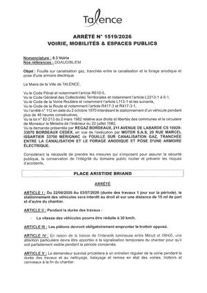 Arrete 1519-2026-Fouille Sur Canalisation Gaz-Place Aristide Briand Du 22-06 Au 23-07-2026-Publié Le 19 06 2026
