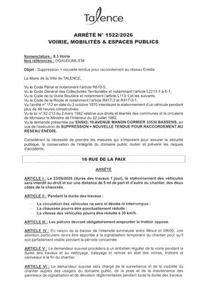 Arrete 1522-2026-Suppression + Nouvelle Tendue Raccordement Enedis 16 Rue De La Paix Le 23-06-2026-Publié Le 19 06 2026