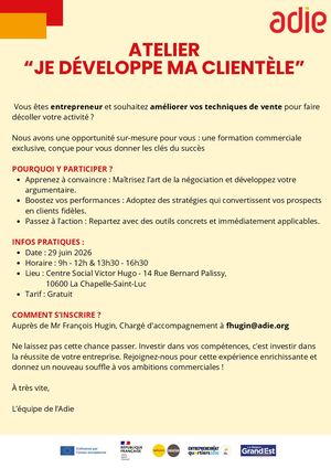 Invitation atelier Je développe ma clientèle avec l'Adie de Troyes