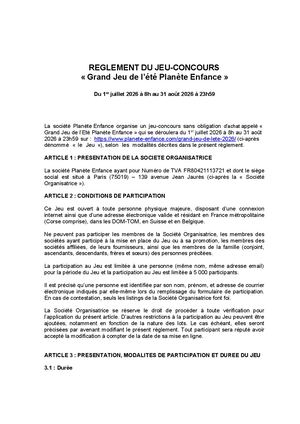 Reglement Grand Jeu Concours Planete Enfance 2026