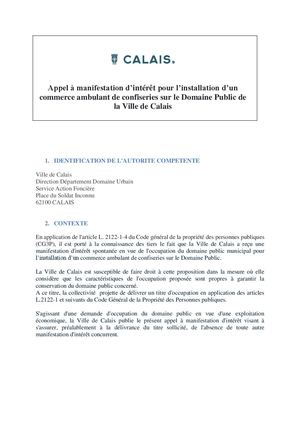 Appel à manifestation d’intérêt pour l’installation d’un commerce ambulant de confiseries sur le Domaine Public de la Ville de Calais