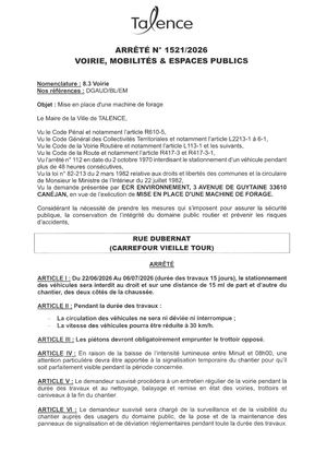 Arrete 1521-2026-Mise En Place Machine Forage Rue Duberbat Du 22-06 Au 06-07-2026-Publié Le 19 06 2026