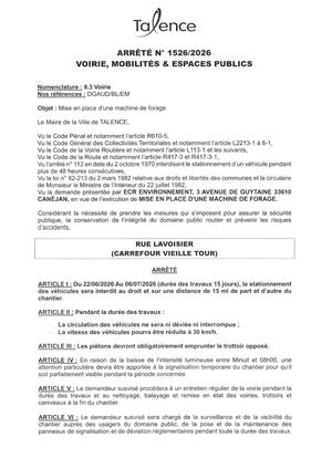 Arrete 1526-2026-Mise En Place Machine Forage Rue Lavoisier Du 22-06 Au 06-07-2026-Publié Le 19 06 2026