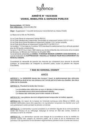 Arrete 1523-2026-Suppression + Nouvelle Tendue Raccordement Enedis 7 Rue Du General Chanzy Le 24-06-2026-Publié Le 19 06 2026