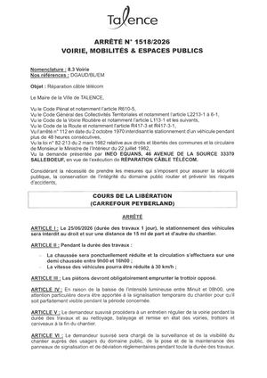 Arrete 1518-2026-Reparation Cable Telecom Crs De La Liberation Le 25-06-2026-Publié Le 19 06 2026
