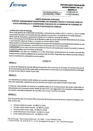 2026 06 19 Arrete 96 2026 Amenagement Horaires Ecole Canicule