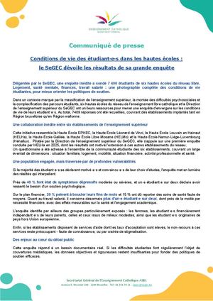 CP SeGEC Conditions de vie des étudiant·e·s dans les hautes écoles : le SeGEC dévoile les résultats de sa grande enquête