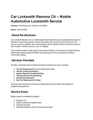 Car Locksmith Ramona Ca